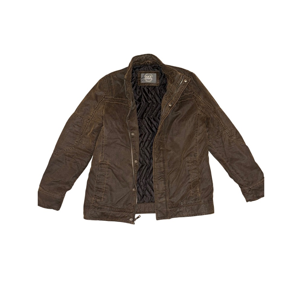 BKE Mens Athletic Fit Moto Jacket Brown Distressed Quilted Lining Small